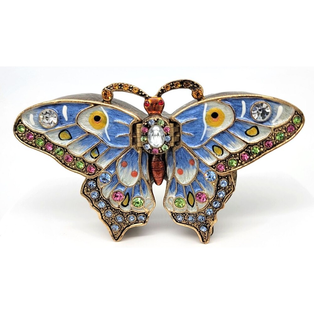 Kingspoint Butterfly Double Wing Trinket Box With Necklace Rhinestones Gold Tone